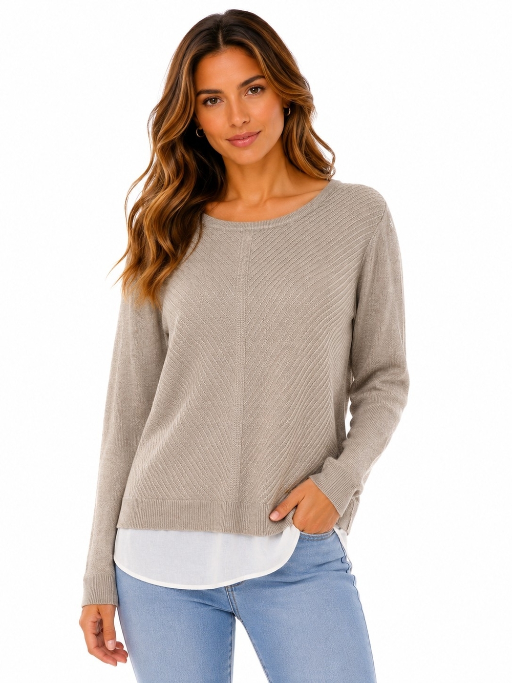 Calvin Klein Beach Sand Crew-Neck Layered Hem Sweater